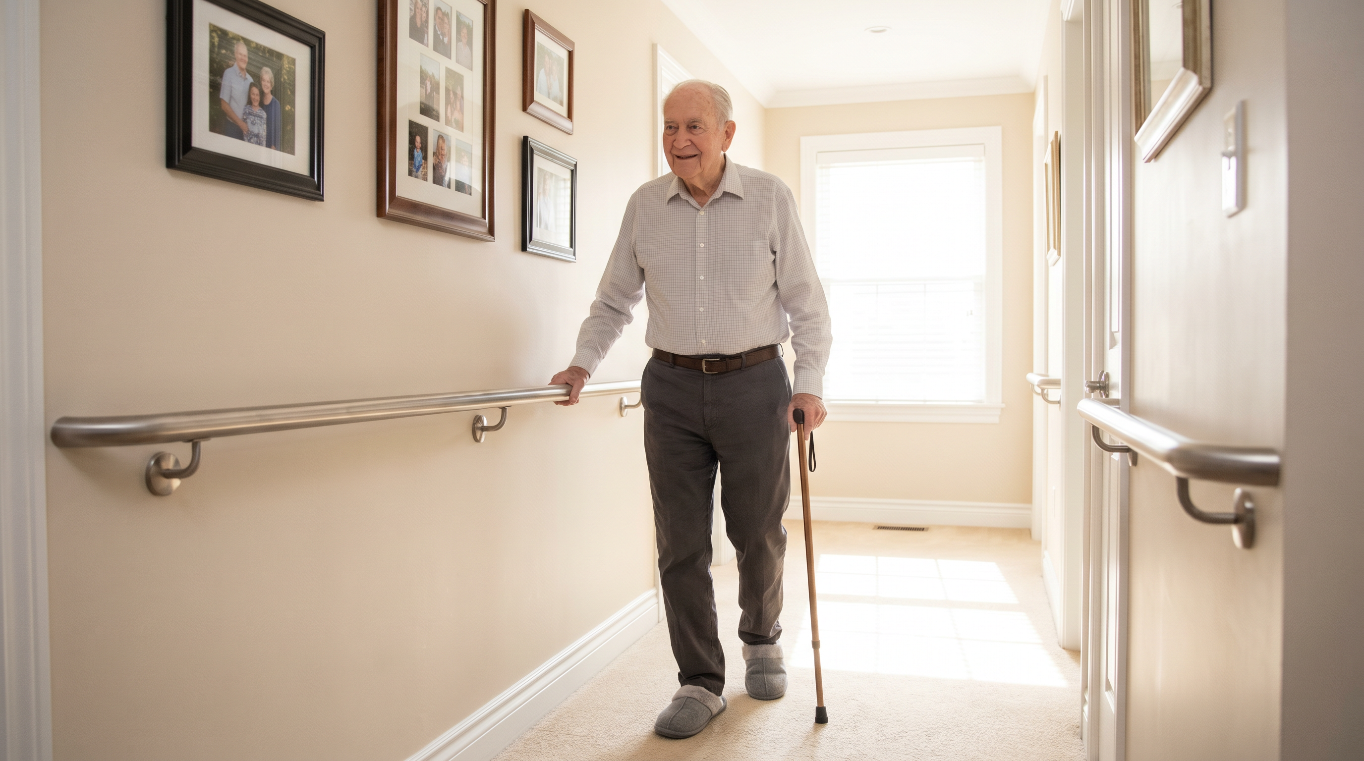 Senior walking safely at home with support