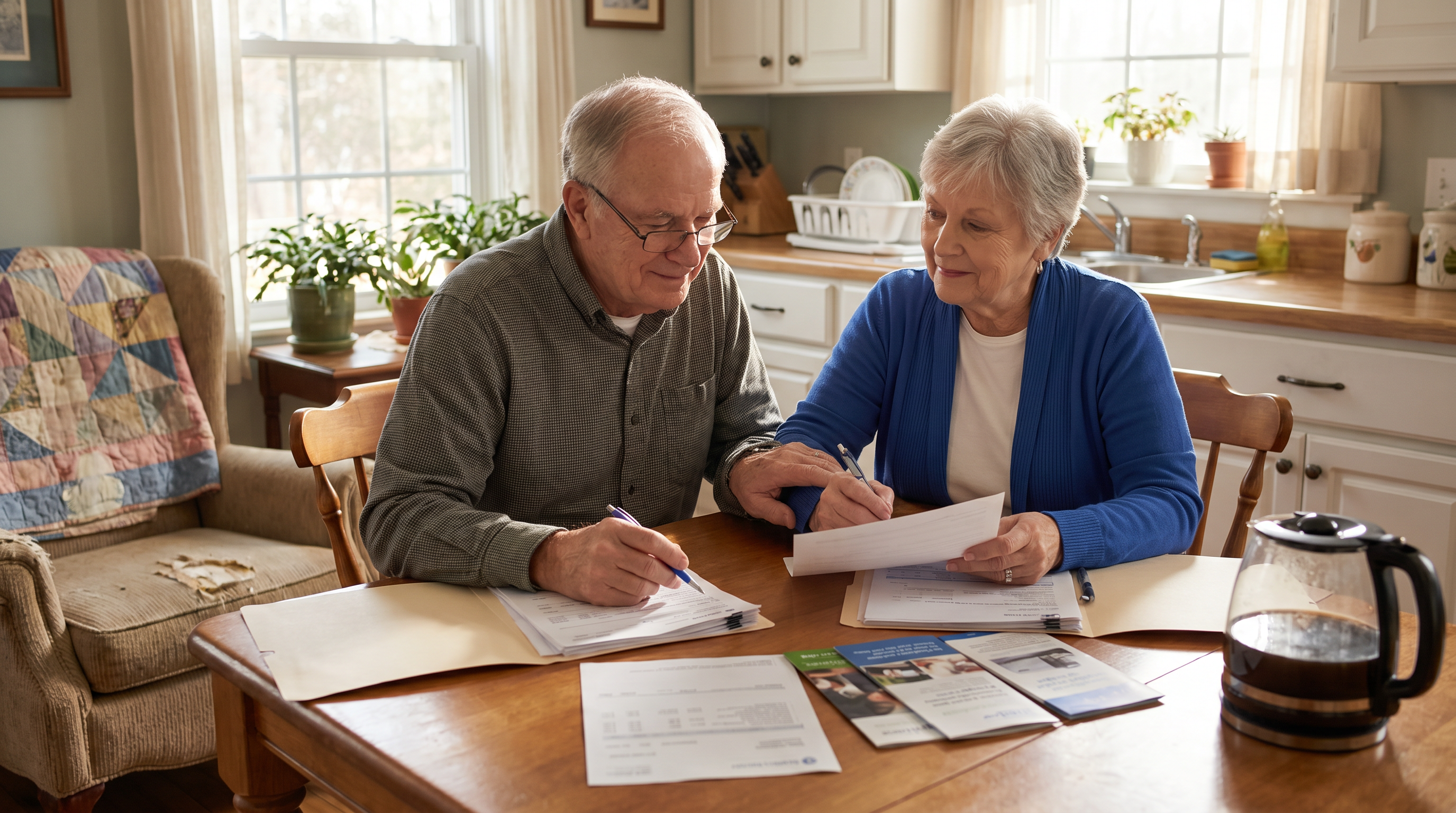 Senior couple reviewing care planning documents at their kitchen table