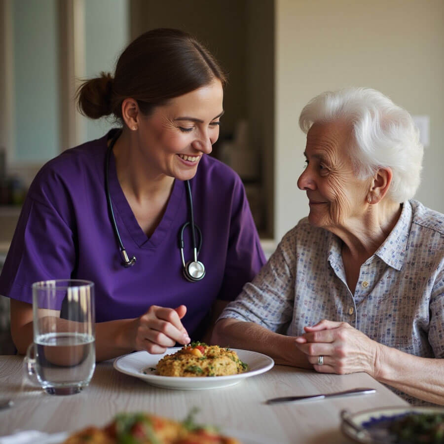 Professional caregiver in purple scrubs helping senior client in Hingham MA